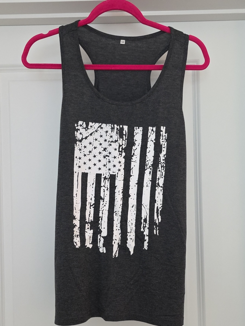Women's Dark Gray Graphic Tank Top with White Flag Print